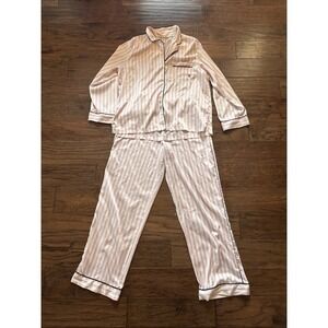 Victoria's Secret Satin Long Pajama Set Pink White Iconic Stripe Medium